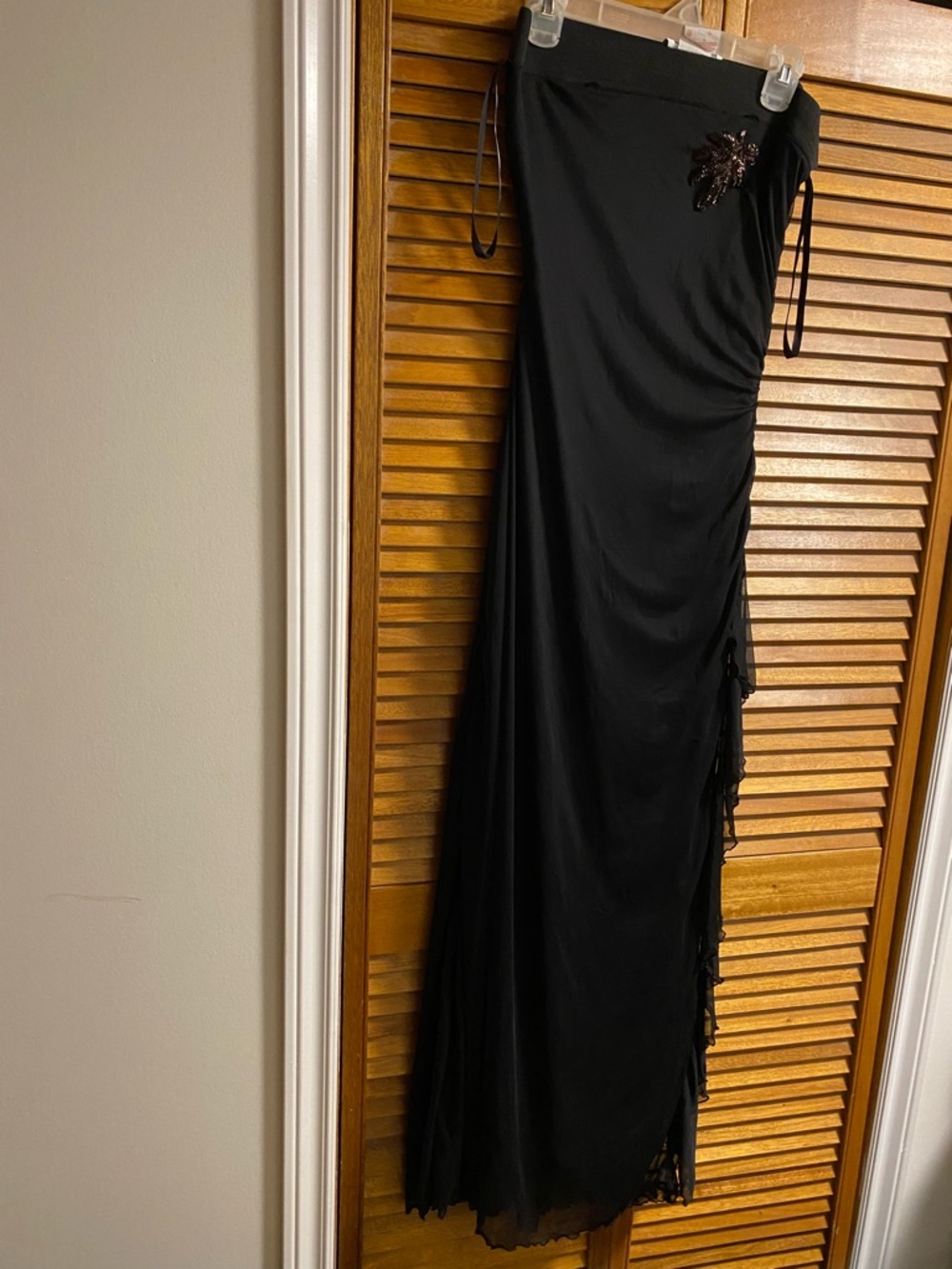 Black Maxi Evening Dress with Side Lace and Tie Detail